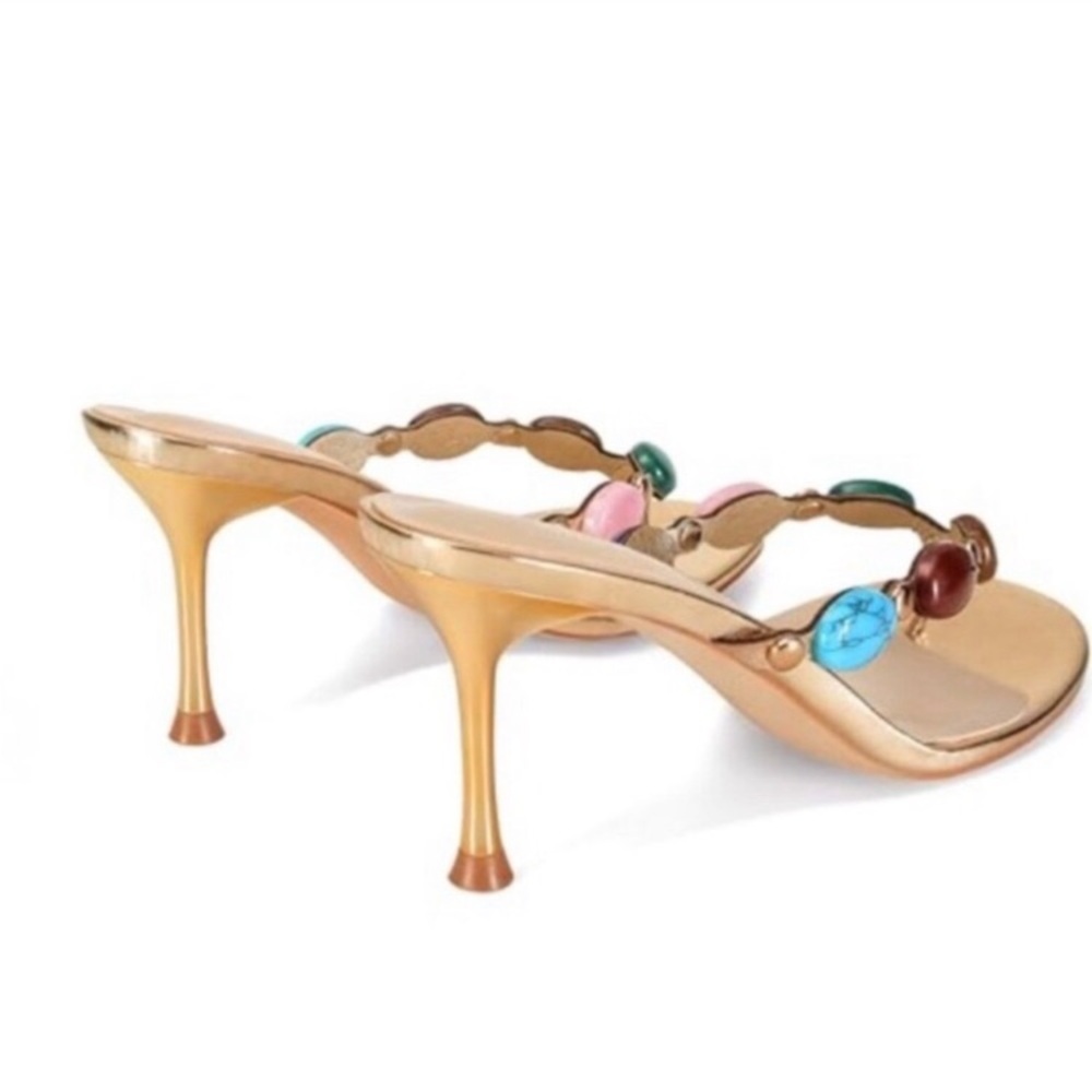 Gold Heeled Sandals Thong Strappy Kitten Heels Dressy Mule Summer Bohemia Party - Picture 6 of 8
